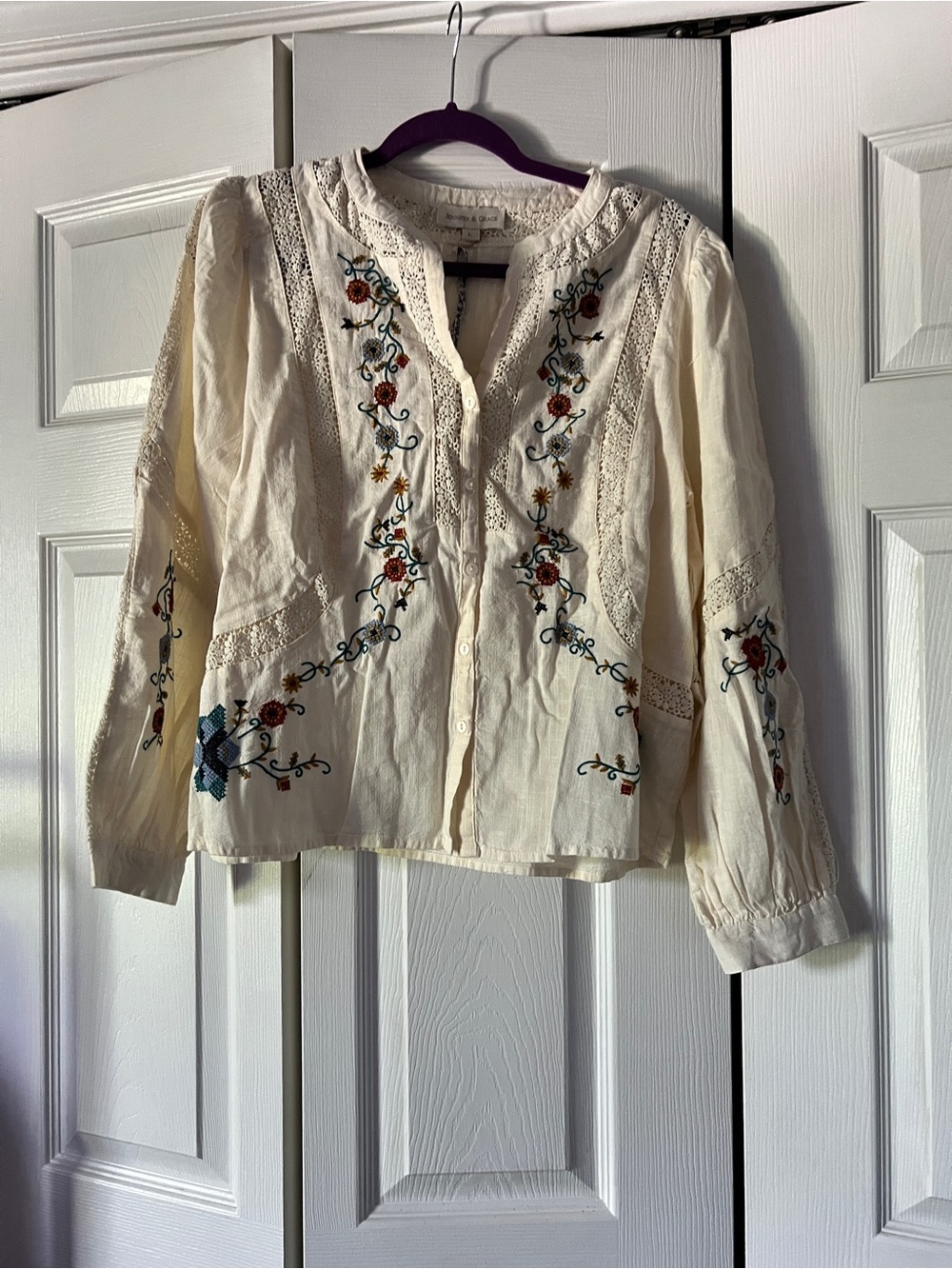 Cream Embroidered Long-Sleeve Boho Blouse